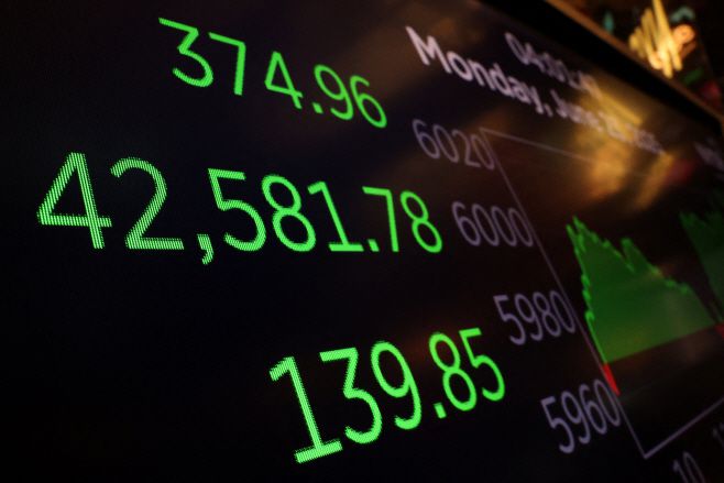 23일(현지시간) 미국 뉴욕증권거래소(NYSE) 모니터에 다우존스30 산업평균지수가 나타나고 있다./로이터·연합