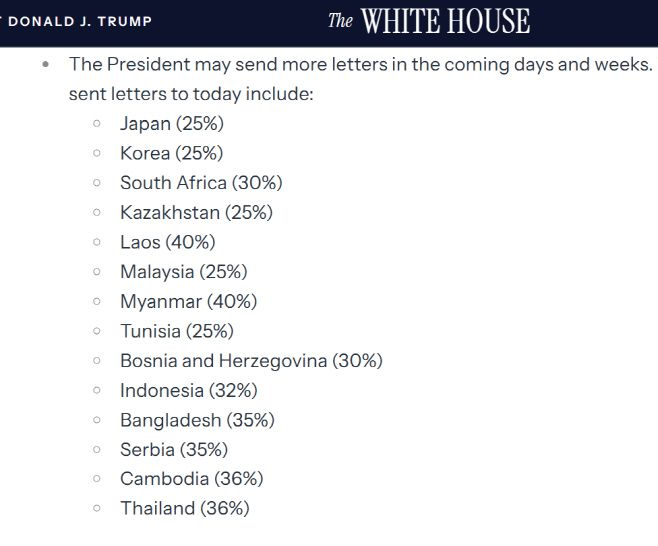 도널드 트럼프 미국 대통령이 7일(현지시간) 이재명 대통령 등 14개국 정상에게 보낸 서한에서 통보한 8월 1일부터 부과하는 미국의 상호관세율./백악관 홈페이지 캡처