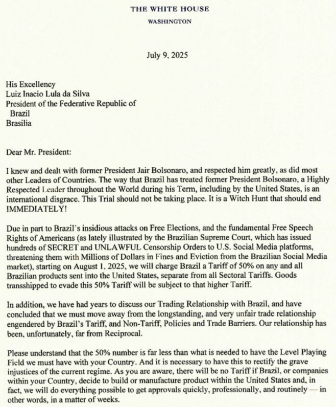 도널드 트럼프 미국 대통령이 9일(현지시간) 루이스 이나시우 룰라 다시우바 브라질 대통령에게 보낸 상호관세율 통보 서한./트럼프 대통령 트루스소셜 캡처