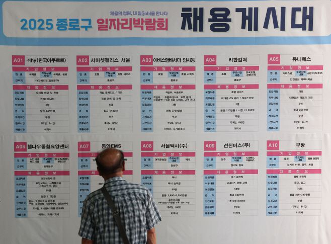 서울 종각역 태양의 정원에서 열린 종로구 일자리 박람회를 찾은 한 구직자가 채용게시대를 살펴보고 있다./연합