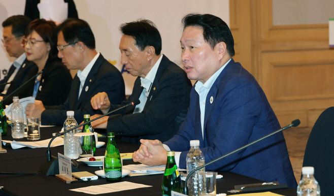 대한상공회의소는 18일 APEC 개최도시인 경주에서 'APEC 경제인 행사 추진위원회 제2차 회의'를 개최했다. 최태원 대한상의 회장(오른쪽)이 인사말을 하고 있다./대한상의