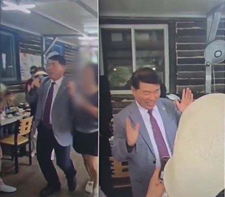 구리시에 홍수주의보가 유지됐던 지난 20일 백경헌 구리시장이 강원 홍천군의 한 식당에서 열린 야유회에 참석해 춤을 추는 모습./SBS뉴스 캡처