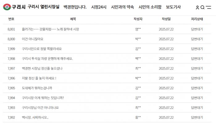 22일 오후 구리시 시민의 소리 게시판에 백 시장을 향한 비난글이 폭주했다./구리시 홈페이지 캡처