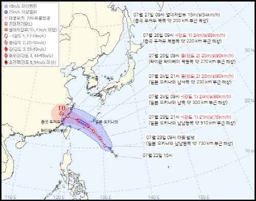 23일 오전 10시 30분께 발표된 7호 태풍 프란시스코 예상경로. /기상청