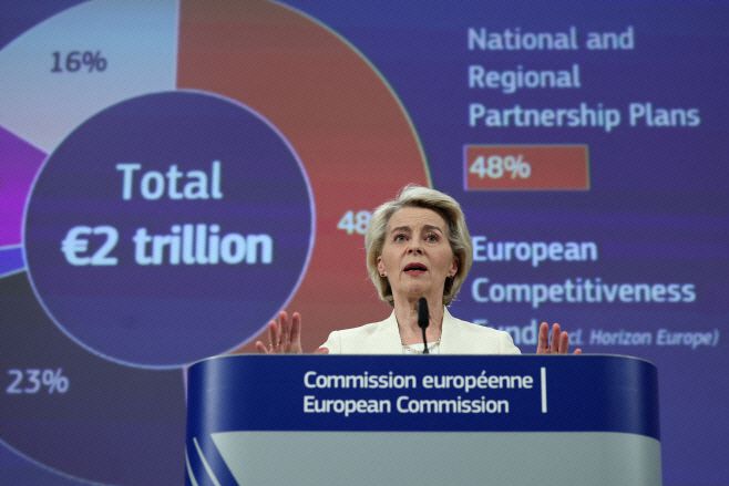 우르줄라 폰데어라이엔 유럽연합(EU) 집행위원장이 16일(현지시간) 벨기에 브뤼셀에서 향후 7년간 EU 예산안과 관련한 기자회견을 갖고 있다./로이터·연합