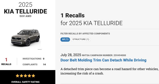 미국 도로교통안전국(NHTSA)은 2일(현지시간) 기아 미국 현지법인이 텔루라이드 차량 20만1149대를 리콜한다고 발표했다./NHTSA 홈페이지 캡처