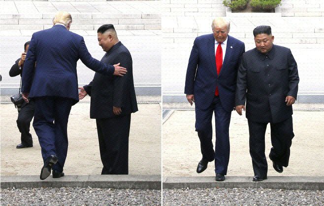 도널드 트럼프 미국 대통령(왼쪽)이 2019년 6월 30일 오후 판문점 군사분계선을 넘어 북측으로 걸어갔다 김정은 북한 국무위원장과 함께 되돌아오고 있다./연합