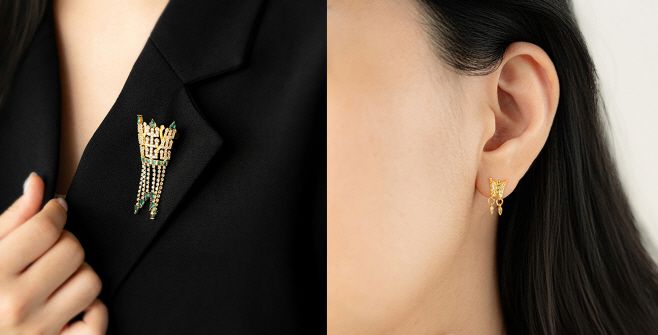 '금관 브로치'(왼쪽)와 '금관 이어링'을 착용한 모습./국립박물관문화재단