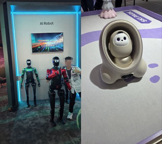 하이센스 휴머노이드 로봇이 관람객과 사진을 찍는 모습(왼쪽), TCL의 아이 돌봄 로봇 '에이미'./김영진 기자