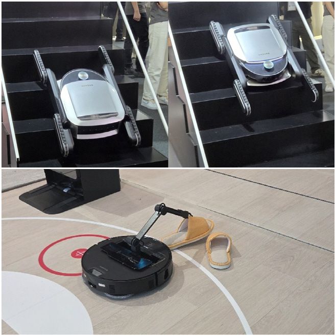 계단을 오르 내리는 드리미의 '사이버 X'(위)와 신발을 정리하는 로보락 신제품./김영진 기자