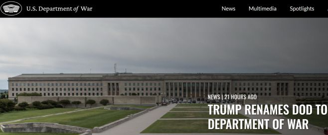 국방부에서 전쟁부로 고친 미국 전쟁부 홈페이지 화면 캡처