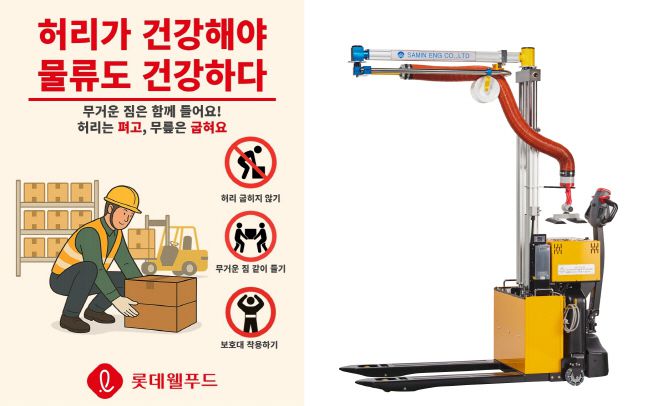 롯데웰푸드에서 도입한 '플렉스리프트' 사진 및 진행 중인 안전 문화 확산 캠페인 포스터./롯데웰푸드