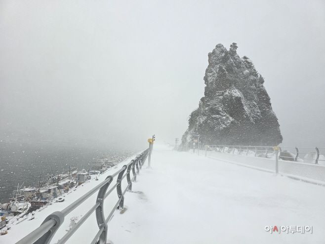 26일 대설주의보가 발효 중인 울릉군 저동 촛대바위 인근에 눈보라가 몰아치고 있다./최성만 기자