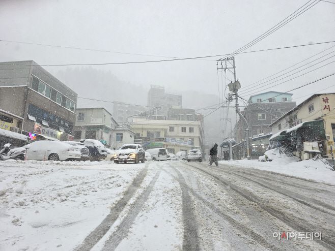 26일 많은 눈이 내린 울릉도 저동시가지에서 차량들이 서행하고 있다. /최성만 기자