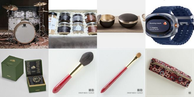 (위 왼쪽부터) 이재명 대통령이 다카이치 총리 부부를 위해 준비한 드럼세트, 청국장 분말·환, 유기 옻칠 수공예 반상기, 삼성 갤럭시 워치 울트라. (아래 왼쪽부터)다카이치 총리가 이재명 대통령 부부를 위해 준비한 카시오 손목시계, 화장용 붓과 파우치./제공=청와