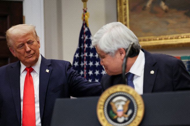 도널드 트럼프 미국 대통령(왼쪽)이 2025년 3월 3일(현지시간) 백악관 루스벨트룸에서 향후 4년간 미국 반도체 공장에 1000억달러를 추가 투자할 것이라고 발표하는 웨이저자(魏哲家) TSMC 최고경영자(CEO)를 격려하는 듯한 제스처를 하고 있다./로이터·연합뉴스