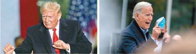 26일(현지 시간) 도널드 트럼프 미국 대통령이 핵심 경합주로 꼽히는 펜실베이니아 마틴스버그의 공항에서 유세를 하며 노래에 맞춰  율동을 하고 있다(왼쪽 사진). 같은 날 조 바이든 민주당 대선후보는 예정에 없이 펜실베이니아 체스터의 선거사무소를 방문해 맞불을  놨다. 마틴스버그·체스터=AP 뉴시스