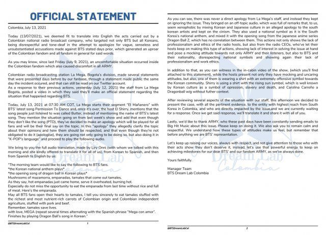 콜롬비아의 BTS팬(BTS Dream Lab Colombia)들의 성명문. 트위터 캡처