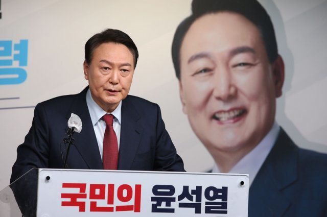 국민의힘 윤석열 대선 후보가 14일 오전 서울 여의도 당사에서 사법제도 분야 등에 대한 공약을 발표하고 있다. 사진공동취재단