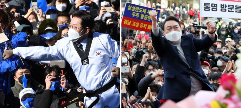 후보들의 선거유세 중 몸짓퍼포먼스가 화제다. 더불어민주당 이재명 대선 후보가 20일 경기 수원시 만석공원 유세 현장에서 태권도복을 입고 ‘코로나 위기’가 적힌 송판을 격파하고 있다. 국민의힘 윤석열 대선 후보는 19일 경남 통영시 무전사거리 유세에서 주먹을 치켜올리는 어퍼컷 세리머니를 선보이고 있다. 사진공동취재단.뉴시스