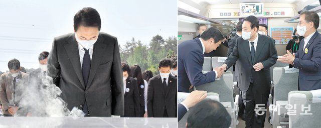 윤석열 대통령이 18일 광주 북구 운정동 국립5·18민주묘지에서 열린 5·18민주화운동 42주년  기념식에 참석해 추모탑 참배 제단에 분향하고 있다.(왼쪽 사진) 오른쪽 사진은 윤 대통령이 이날 오전 광주행 KTX 특별열차에서  국민의힘 정희용 의원과 악수를 하는 모습. 광주=양회성 기자 yohan@donga.com·대통령실 제공