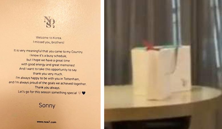 손흥민(토트넘)이 방한한 팀 동료들을 위해 숙소에 넣어둔 편지(왼쪽 사진)와 선물로 보이는 흰색 종이가방.  사진 출처 스퍼스웹 트위터
