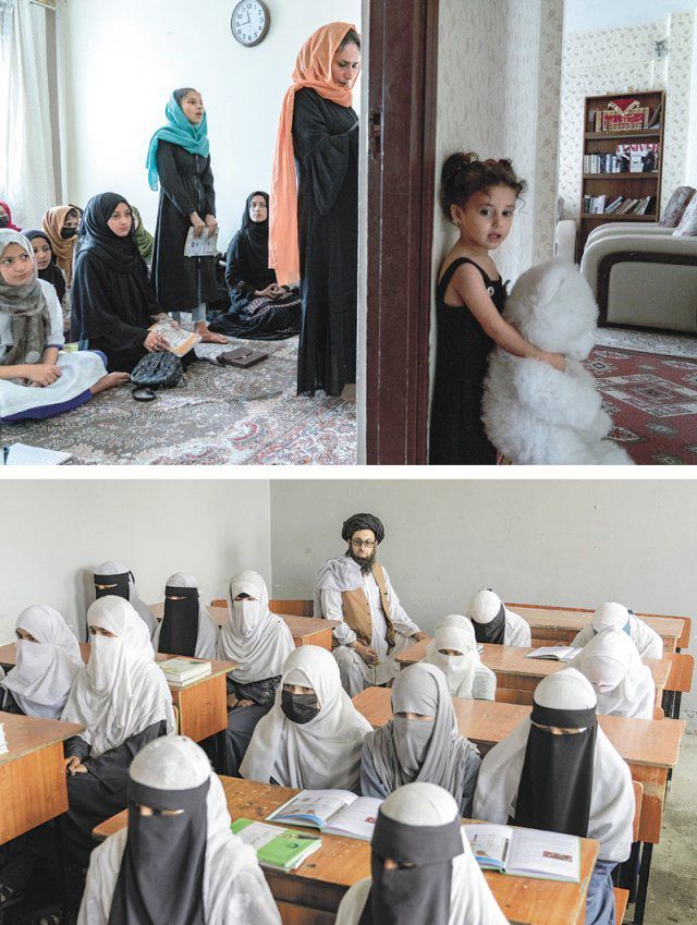 지하에 숨고… 얼굴 가리고 지난달 30일 아프가니스탄 수도 카불 ‘지하 학교’에서 히잡을 두른 여학생들이 당국의  감시를 피해 공부하고 있다(윗쪽 사진). 탈레반 정부는 중고교 여학생들의 등교를 금지했다. 이달 11일 여학생 등교 금지 대상이  아닌 카불의 종교 관련 학교에서 눈을 제외하고 얼굴과 몸 전체를 가리는 니깝을 입은 여학생들이 수업을 듣고 있다. 카불=AP  뉴시스
