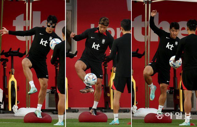 2022 카타르 월드컵 대한민국 축구대표팀 손흥민, 황희찬, 이강인 선수가 26일(현지시간) 카타르 도하 알에글라 훈련장에서 가나와의 조별리그 2차전에 대비해 훈련에 임하고 있다. 도하=송은석 기자 silverstone@donga.com