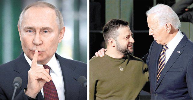 선 넘은 푸틴, 손 맞잡은 젤렌스키-바이든 블라디미르 푸틴 러시아 대통령이 22일 모스크바 크렘린궁에서 청년 정책  관련 회의를 마친 뒤 기자회견을 하고 있다(왼쪽 사진). 볼로디미르 젤렌스키 우크라이나 대통령(오른쪽 사진 왼쪽)이 21일 미국  백악관을 방문해 조 바이든 미국 대통령과 어깨동무를 한 채 마주 보고 있다. 바이든 대통령은 이날 회동에서 우크라이나에 2조 원이  넘는 군사 지원을 약속했다. 모스크바=AP 뉴시스
