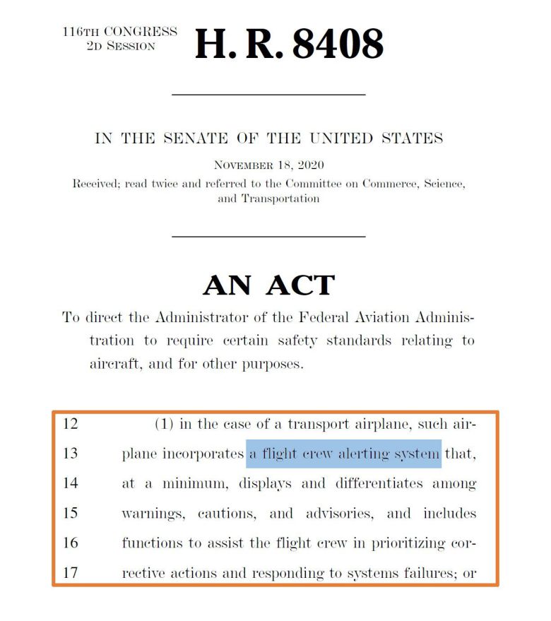 미국 의회가 2020년 제정한 항공기 인증 절차 개정 및 책임에 관한 법률 표지와 해당 내용. 미의회