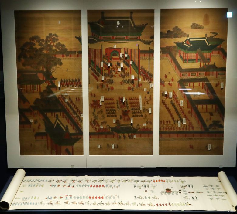 헌종(재위 1834~1849)이 효정왕후 홍씨(1831~1904)와 혼례를 올린 후 이튿날 문무백관이 축하를 받는 진하의 의례 장면을 그린 헌종의 혼례 축하 그림 병풍. 전영한 기자