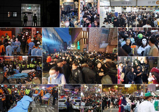 <사건사고 엮음사진>  10월 29일 오후 10시 15분경, 서울 용산구 이태원동 해밀톤호텔 옆 골목에 핼러윈을 즐기려는 인파가 몰리면서 159명이 사망하는 참사가 발생했다. 참사가 발생한 골목은 보행로 폭이 4ｍ 안팎으로 좁은 데다 경사까지 심한 비탈길이다. 사고 목격자들에 따르면 골목길에 사람들이 너무 많아 움직일 수 없는 상황에 놓여 있었고, 오르막길 쪽에 있던 사람 중 일부가 넘어지면서 순식간에 대열이 무너져 내리막 쪽에 있던 사람들까지 연쇄적으로 겹겹이 넘어졌다고 했다. 이날 오후 6시경부터 경찰(112)에 신고가 접수되기 시작했고 10시 15분 이후 신고전화가 급증했다. 엄청난 인파가 몰렸음에도 안전사고에 대비한 현장관리 및 통제가 이뤄지지 않아 논란이 일었다. 정부는 이태원 참사 이후 10월 30일부터 11월 5일 밤 24시까지를 국가애도기간으로 정하고, 사고가 발생한 서울시 용산구를 특별재난지역으로 선포했다.‘이태원 참사, 그날의 기록’은 참사 발생 현장인 이태원 해밀톤호텔 옆 골목 인파 상황으로 시작해 사고 이후 골목을 감식하는 경찰들의 모습으로 끝을 맺는다. 시민들의 핼러윈을 즐기는 모습, 인파가 점점 늘어나는 상황에도 경찰의 통제가 이뤄지지 않는 상황, 사고 발생 후 구급대원들이 사상자를 이송하는 장면, 사고 현장 옆 건물에 있던 시신들을 병원과 체육관 등에 옮기는 장면, 임시로 시신이 안치된 원효로 다목적체육관의 모습 등을 시간순으로 기록했다. / 김범석 파이낸셜뉴스 기자