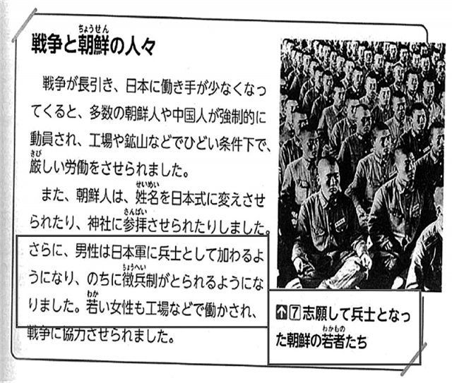 일본 초등학교 6학년 사회 교과서(도쿄서적). ‘병사가 된 조선의 젊은이들’이라는 사진설명에 ‘지원해서’라는 표현이 추가됐다. 동북아역사재단 제공