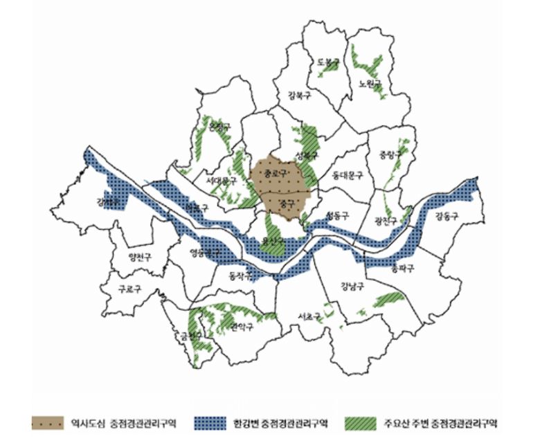 서울시에서 설정한 중점경관관리구역. 각 구역마다 경관 가이드라인이 다르게 설정되어 있다. 서울시 제공.