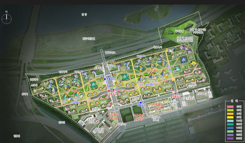 반포주공1단지(1·2·4 주구) 재건축 배치도.  최고층수는 35층이며 공공개방 커뮤니티 시설은 단지 중앙에 있는 스카이브리지에 들어선다. 서울시 제공.