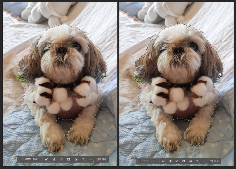 생성형 채우기에 앞서 자동으로 영역을 분리한다. 좌측은 인공지능이 인식한 피사체, 우측은 직접 수동으로 분리한 결과다. 수동으로 한 부분이 더 세밀한 것을 알 수 있다. 출처=IT동아
