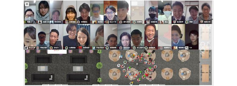 일본 각지의 지사에 있는 엔재팬 직원들이 한 곳에 모여 간단히 식사를 하며 간담회를 가지고 있다 / 출처=오비스