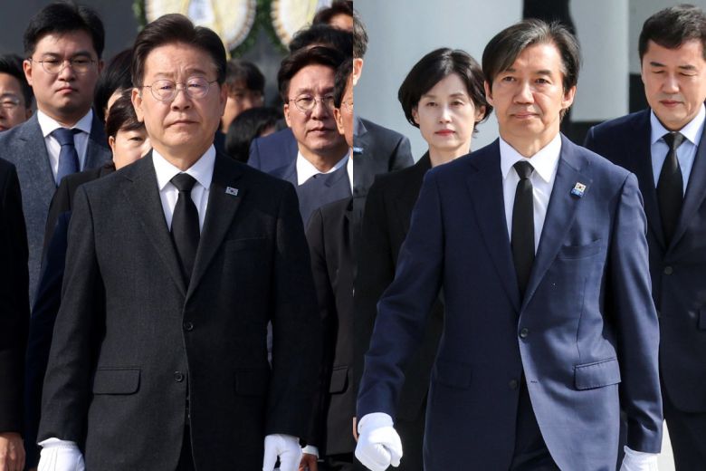 이재명 더불어민주당 대표와 조국 조국혁신당 대표가 각각 12일 서울 동작구 국립서울현충원을 참배하고 있다. 2024.4.12/뉴스1