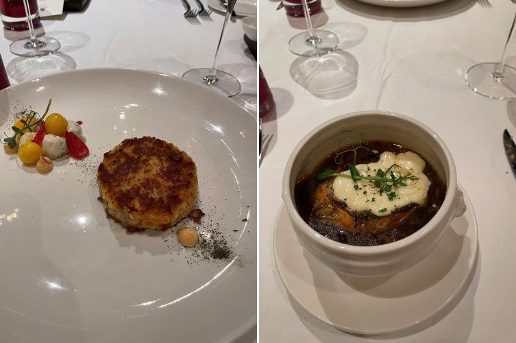 메리어트 호텔 마닐라의 ‘크루 스테이크하우스’ 메뉴 크랩 케이크와 캐러멜 양파 수프. 이혜원 동아닷컴 기자 hyewon@donga.com