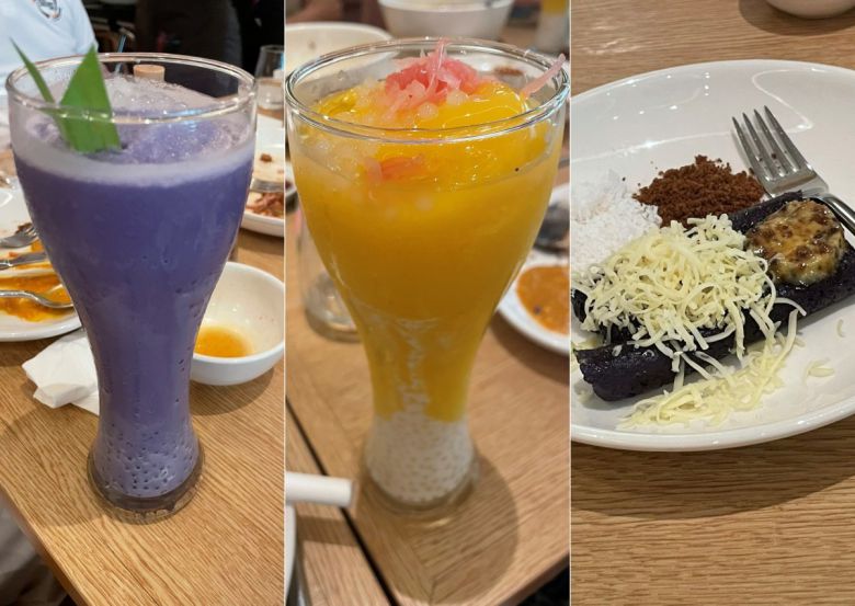 마남에서 판매하는 우베가 들어간 보라색 음료, 망고와 포멜로가 같이 들어간 노란색 음료, 그리고 ‘푸토 붐봉’. 이혜원 동아닷컴 기자 hyewon@donga.com