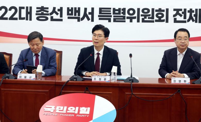 조정훈 국민의힘 총선 백서 특위 위원장이 17일 오후 서울 여의도 국회에서 열린 제22대 총선 백서  특별위원회 전체회의에서 발언을 하고 있다. 왼쪽부터 이철규 의원, 조 위원장, 정영환 전 공천관리위원장. 2024.05.17 서울=뉴시스