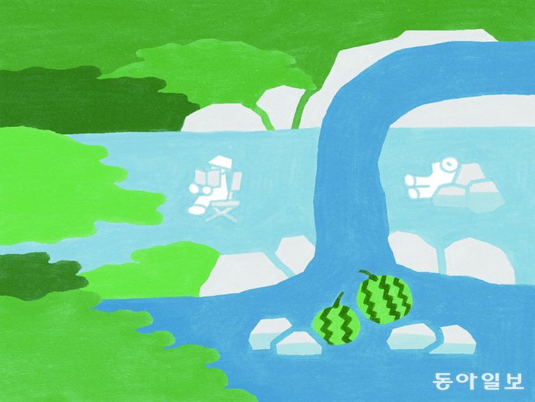 ‘제철 행복’에서 큰 더위와 열대야가 이어지는 여름날인 대서(大暑·7월 22일 무렵)를 담은 그림.  시원한 계곡에서 쉬며 수박을 맛보길 권한다. ⓒ요리