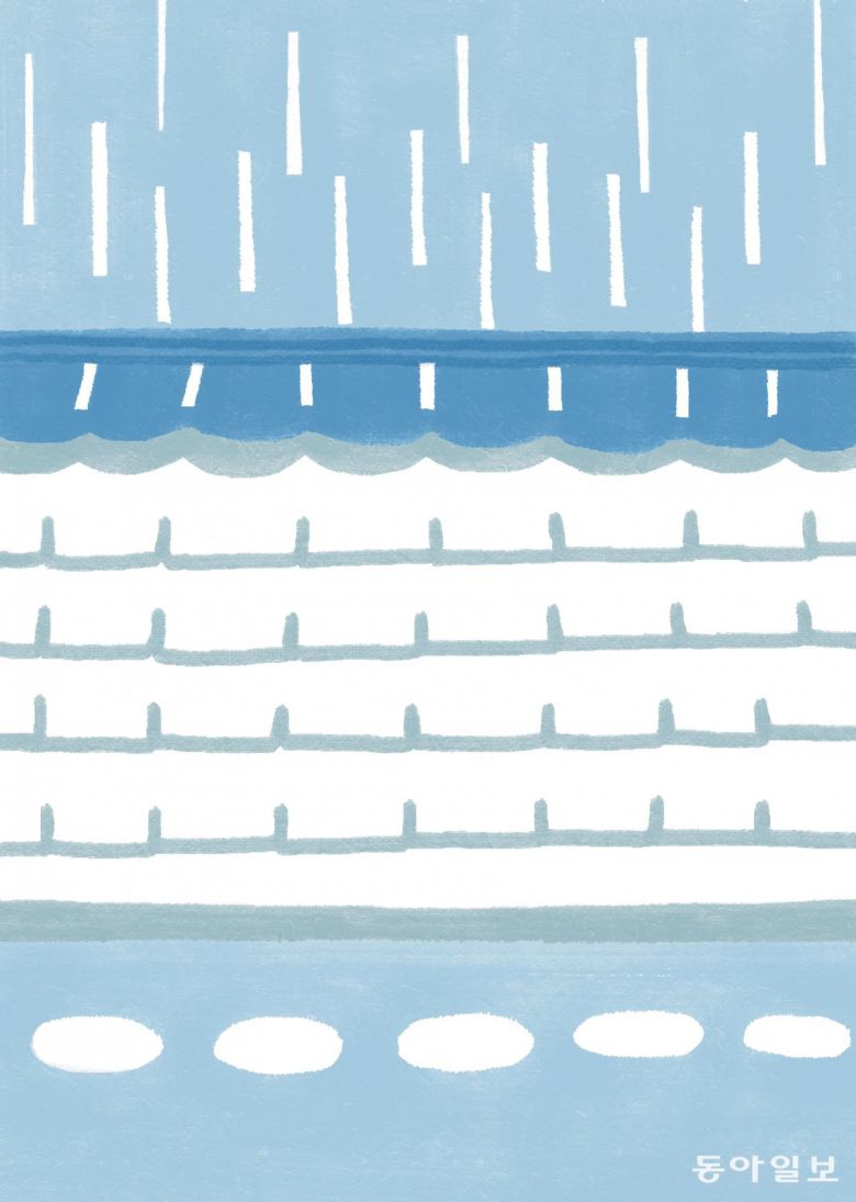 ‘제철 행복’에서 작은 더위 속 장마가 찾아오는 소서(小暑·7월 7일 무렵)를 담은 그림. 기와가 있는 곳에서 빗물 웅덩이 행렬을 살펴보자고 제안한다. ⓒ요리