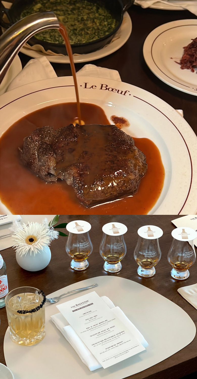 서울 여의도 ‘르뵈프’의  2만 원짜리 스테이크(위 사진)와 발베니의 ‘플라이트 메뉴’도 인기를 끌고 있다. 김유경 푸드디렉터 제공