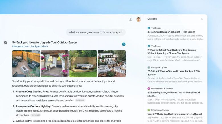집 뒷마당을 꾸미는 방법을 물어보면 인터넷 블로그 게시물, 홈페이지 등 정보를 검색해주고, 응답 아래의 소스 버튼을 클릭하면 정보 관련 참조가 있는 사이드바가 열린다.  사진제공=오픈AI