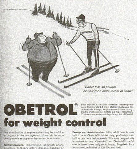1970년 미국의 살 빼는 약 ‘오비트롤’ 광고로, 메스암페타민 성분의 각성제는 미군, 영국군 등에도 쓰였다. 사진 출처 위키피디아