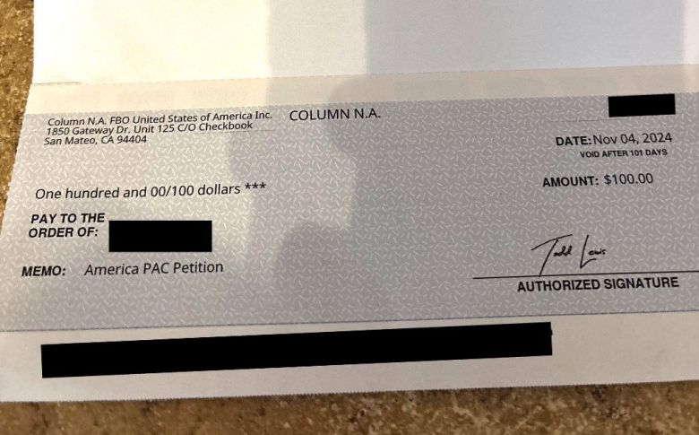 아메리카 슈퍼팩이 청원 서명자를 대상으로 발송한 수표. 사진 출처 X