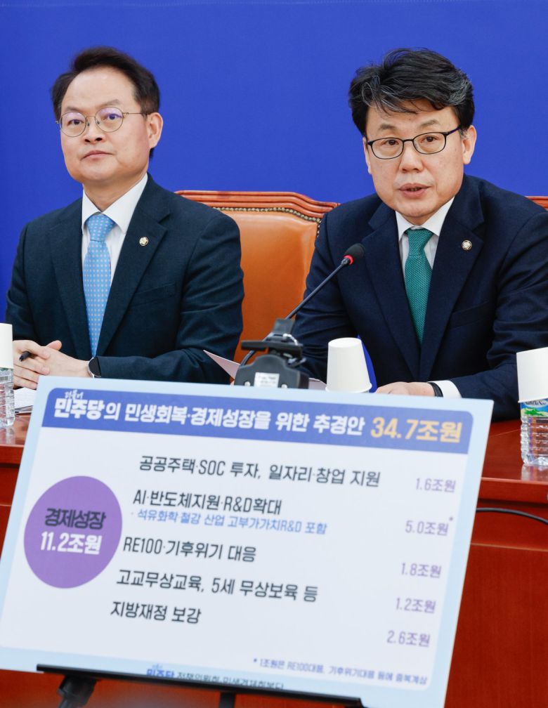 진성준 더불어민주당 정책위의장이 13일 서울 여의도 국회에서 민생회복·경제성장을 위한 35조원 규모의 추가경정예산안(추경안)을 제시하며 기자간담회를 하고 있다. 왼쪽은 허영 예산결산정조위원장. 2025.2.13 뉴스1