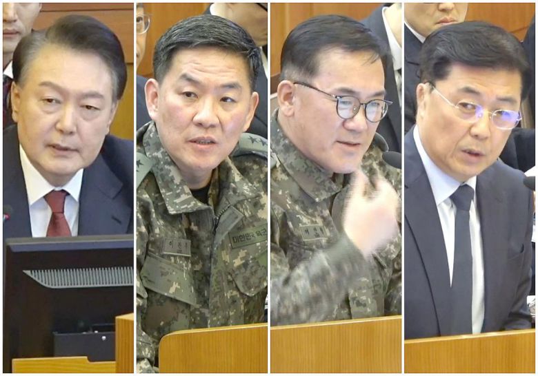 4일 서울 종로구 헌법재판소에서 열린 윤석열 대통령 탄핵심판 5차 변론기일에서 윤 대통령을 비롯한 증인들이 각각 발언하고 있다. 왼쪽부터 윤 대통령, 이진우 전 육군 수도방위사령관, 여인형 전 국군방첩사령관, 홍장원 전 국가정보원 1차장. (헌법재판소 제공) 2025.2.4 뉴스1