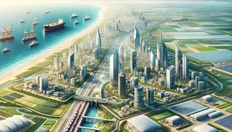 2023년 12월 이스라엘 산업계가 ‘가자 2035 비전’ 프레젠테이션(PT)이라는 이름 하에 베냐민 네타냐후 총리실에 제안한 가자지구의 전쟁 후 모습. 인공지능(AI)으로 만든 합성 이미지로 가자지구를 고층 빌딩이 즐비한 자유무역항으로 탈바꿈시켜야 한다는 제언이 담겼다. 사진 출처: ‘가자 2035 비전’ 프레젠테이션 화면 캡처